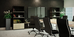 Acoustic Wall Panel in Dark Grey with Transparent Glass Board and Filing Cabinets in Boardroom Settings