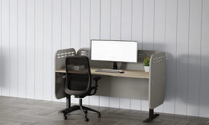 Acoustic Wall Panel in Light Grey with Sit Stand Desk and Black Mesh Chair