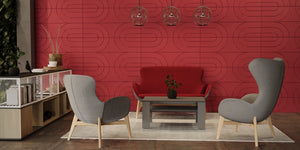 Acoustic Wall Panel in Red with Matching Sofa and Grey Armchairs