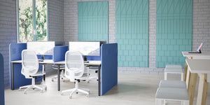 Acoustic Wall Panel in Turquoise with Blue Standing Screens win White Desk