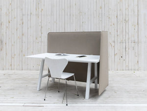 Buzziwrap Front Desk Right Acoustic Partition Beige With White Table And Chair