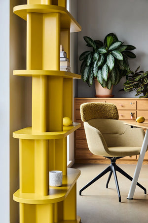 Cactus Nature Inspired Rectangular Bookcase in Yellow Finish with Armchairs and Rectangular Table in Modern Office Setting 2