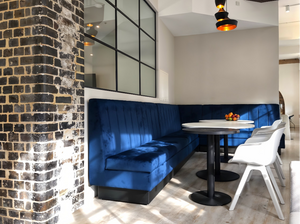 Casper Soft Seating Banquet Dining Booth with Round Table and White Chair