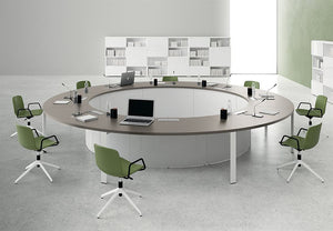 Circular Meeting Room Table in Walnut Top Finish with Swivel Chairs and Bookshelves in Modern Office Setting