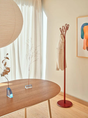 Clip Steel Coat Stand in Red Finish with Oval Shaped Oak Top Table