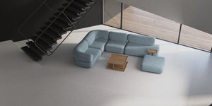 Daaz Modular Seating in Different Configurations in Light Blue Finish with Sqaure Low Coffee Table and Mini Side Table