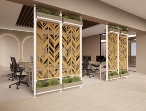 Decora Modular End of Desk Double Acoustic Panel with Planters in Golden Yellow Finish Together with Key Meeting Table and Jersey Task Chair in Modern Office Setting