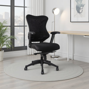 Delux Spine Ergonomic Mesh Chair with Floor Lamp and Indoor Plant in Modern Office Setting