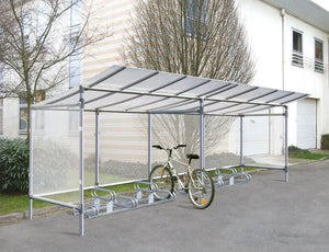 Economy Bicycle Shelter with Back and Side Cladding with Bicycle in Outdoor Setting
