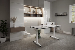 FlipMe Convertible Standing Desk with Banffy Stool and Wooden Shelving in Home Office Setting