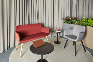 Floris Upholstered Pot in 2 Different Finishes with Red and Grey Upholstered Armchair and 2 Seater with Black Coffee Table
