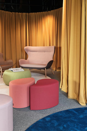 Flower Soft Seating Modular Pouffe in Different Finishes with Pink 2 Seater Sofa and Green Table in Lounge Area