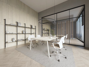 Gesture Office Chair in 5 Star Base on Castors with Iris Modular Shelving Unit and Key Meeting Room Table