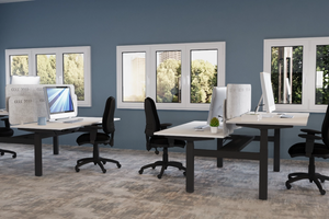 Koala Acoustic PET Pattern Screens in Light Grey Finish with White Top Sit Stand Desk and Black Task Chair in Modern Office Setting