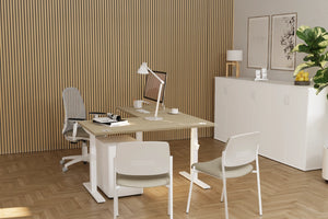 Koala Acoustic Wood Slats in Oak Finish with Radial Desks and Mesh Back Armchair in Modern Office Setting