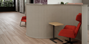 Koala Wave Screen Divider Light Grey Finish with Red Upholstered Armchair and Wooden Top Table on Dark Grey Base