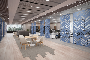 Koala Workspace Dividers in Blue Finish with Round Cylinder Based Table and White Dining Chair in Modern Office Setting