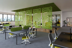 Koala Workspace Dividers in Green Finish with Black Top Bench Desk and Green Desk Screen in Modern Office Settings