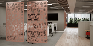 Koala Workspace Dividers in Peach Finish with Grey Desk Screen Attached to Office Desk in Modern Office Setting