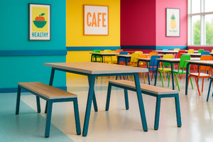 Nestro Metal 2 Piece Canteen Table and Bench Seating with A Leg in a School Cafeteria
