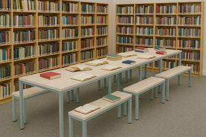 Nestro Metal 3 Piece Canteen Table and Bench Seating with Straight Leg in Library Setting