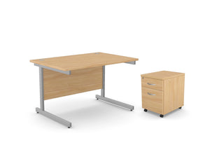Office Cantilever Desk With 2 Drawer Mobile Pedestal Beech