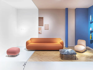 Pedrali Buddy Three Seater Sofa 9 In Terracotta With Small Table And Pouf In Living Area