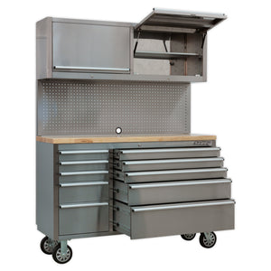 Premier Mobile Stainless Steel Tool Cabinet 10 Drawer with Backboard & 2 Wall Cupboards