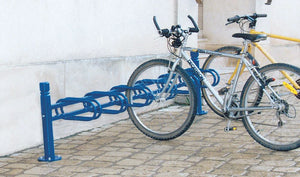 Province City Modular Bicycle Rack in Blue Finish with Bicycle in Outdoor Setting