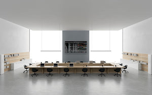 Rectangular Boardroom Table in Light Oak Finish with Task Chairs and Bookshelves in Modern Office Setting