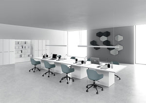 Rectangular Meeting Room Table with Cube Legs in White Finish with Bookshelves and Tub Chair in Collaborative Setting