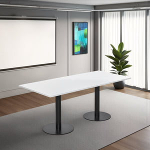 Rectangular White Top Dining Conference Table with Retractable White Presentation Screen in Modern Meeting Room Setting