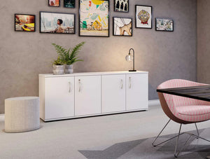 Spacestor Forte Credenza Customizable Cupboard Storage 2 In White With Grey Pouf And Planters