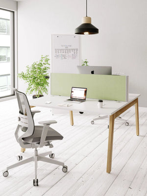 Switch Design 2 Person Bench Desk in White Top with Grey Mesh Back Armchair in Modern Office Setting