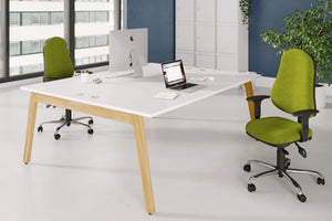 Switch Design 2 Person Bench Desk with Green Office Armchair in Modern Office Setting