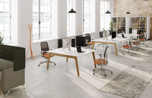 Switch Design 2 Person Bench Desk with Mesh Back Armchair and Closed Metting Pod in Modern Office Setting 3