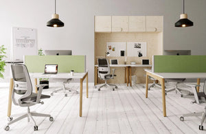 Switch Design 2 Person Bench Desk with Mesh Back Armchair and Green Desk Screen in Modern Office Setting