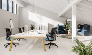 Switch Design 2 Person Bench Desk with Mesh Back Armchair and White Lockers in Modern Office Setting