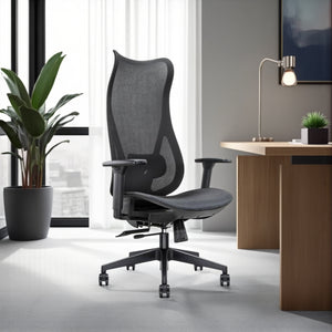 Ultra High Back Task Chair with Adjustable Lumbar Support & Knee Tilt Mechanism with Rectangular Wooden Desk and Indoor Plants in Modern Office Setting