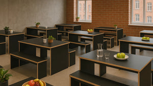 WsD Nestro Wooden Canteen Table and Bench Seating in Black Finish in Modern Office Cafeteria Setting