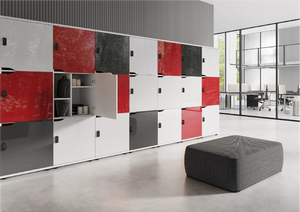 Wuteh 3 Door Locker Different Door Finishes with Low Pouffe in Locker Room Setting