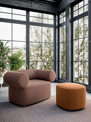 Abbey Round Soft Armchair In Light Brown With Orange Footstool