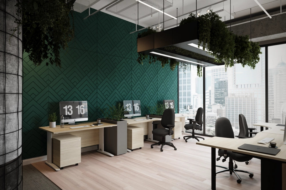 Acoustic Wall Panel in Dark Green with Sit Stand Desk and Black Armchairs in Office Setting 2