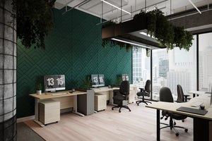Acoustic Wall Panel in Dark Green with Sit Stand Desk and Black Armchairs in Office Setting 2