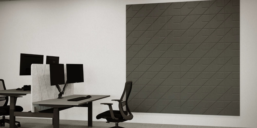 Acoustic Wall Panel in Dark Grey with Grey Top Bench Desk and Black Mesh Chair
