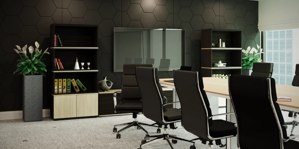 Acoustic Wall Panel in Dark Grey with Transparent Glass Board and Filing Cabinets in Boardroom Settings