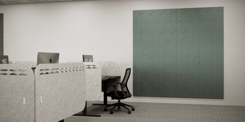 Acoustic Wall Panel in Grey with Grey Acoustic Screens in Black Desk and Black Chair