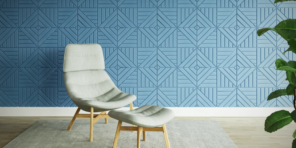 Acoustic Wall Panel in Light Blue with Grey Chair and Footstool