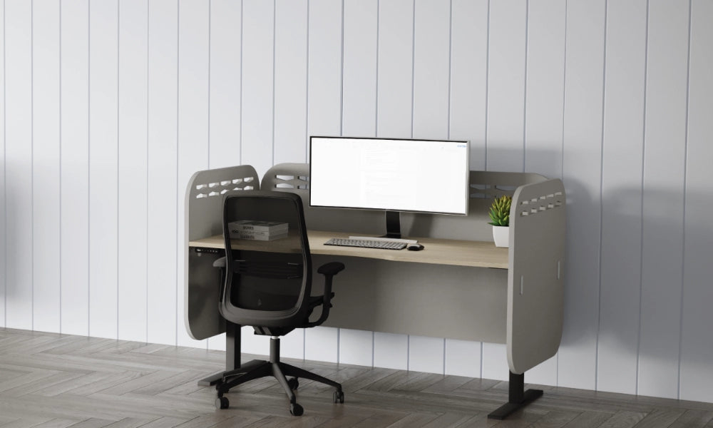 Acoustic Wall Panel in Light Grey with Sit Stand Desk and Black Mesh Chair