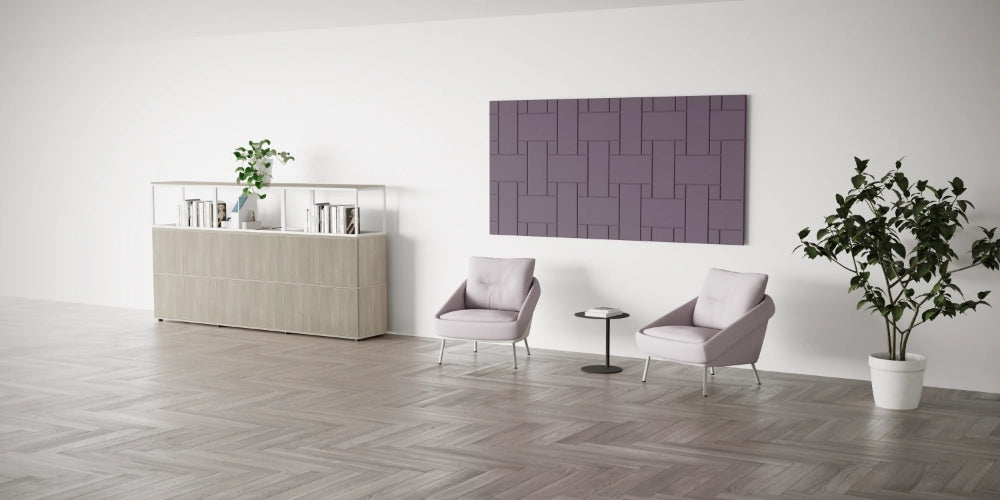 Acoustic Wall Panel in Purple with Light Lavender Armchair and Small Black Coffee Table